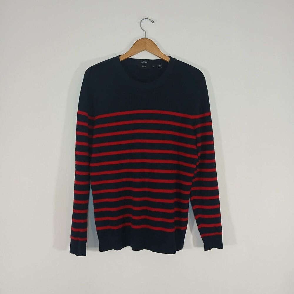 Boss Hugo Boss Ribbed Striped Sweater XL Mens Navy Red Wool Preppy Old Money